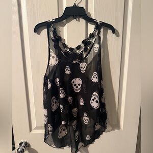 Black Skull Print Sheer high low tank Top